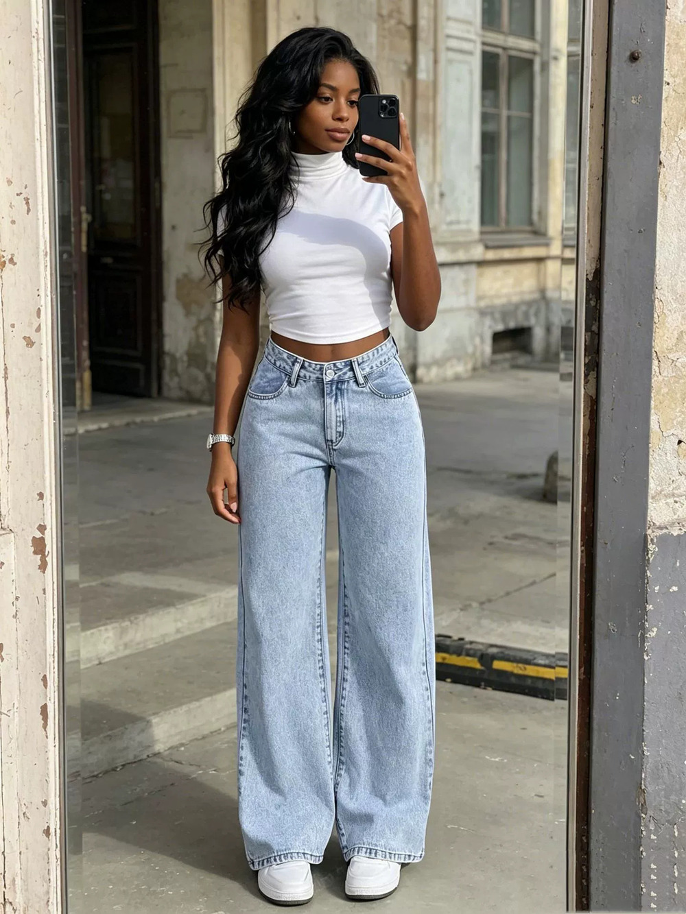 ZARA American High Rise Wide Leg Jeans Draped Straight Slim Versatile All Season